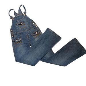 Y2K Vintage Apollo Jeans Flare Overalls Denim Gold Embroidery Size 16 Juniors